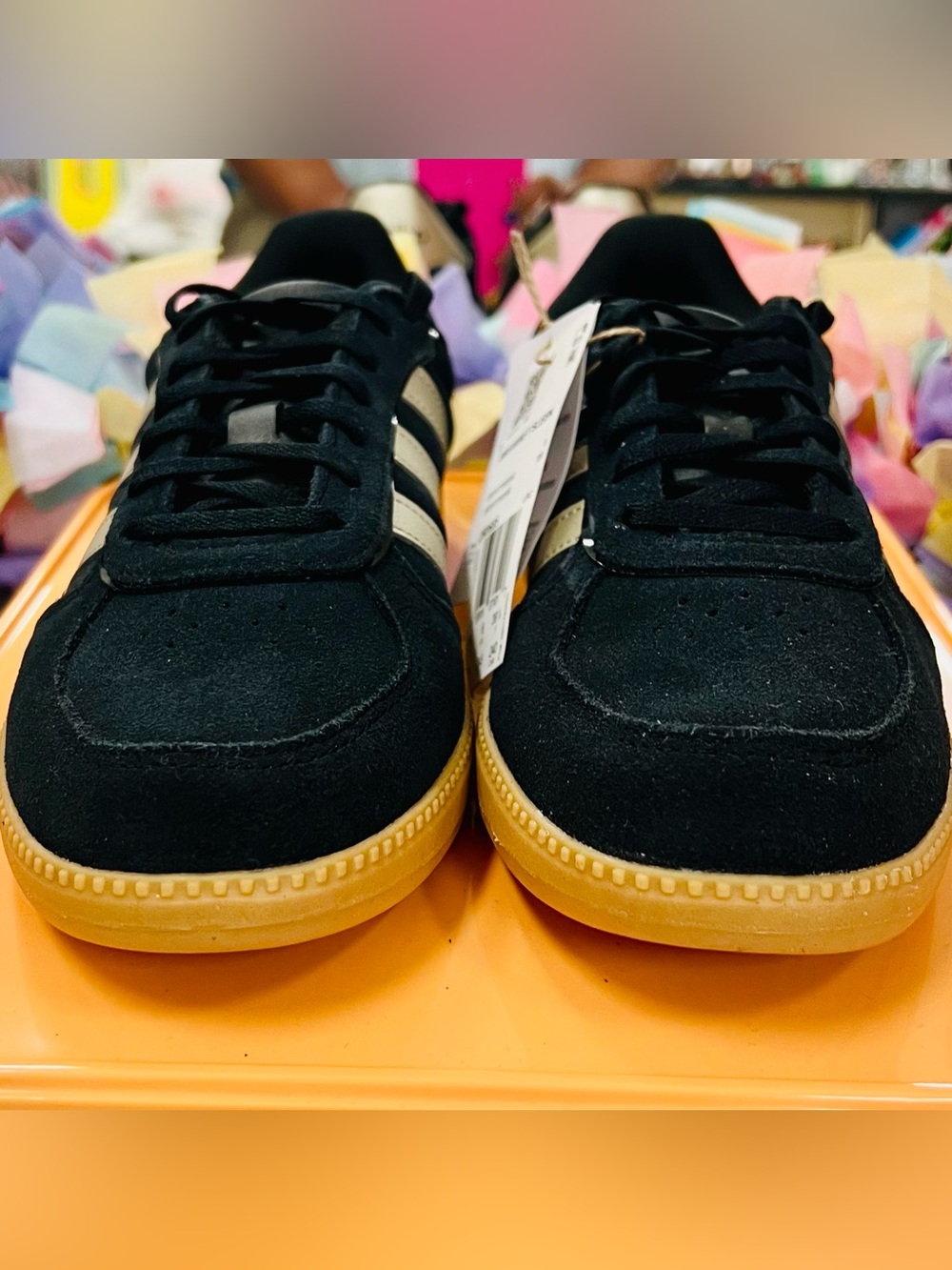 ❗️NWT❗️Adidas Sleeknet Black Suede Sneakers w/ Gold Stripes and Gum Sole - Picture 8 of 8
